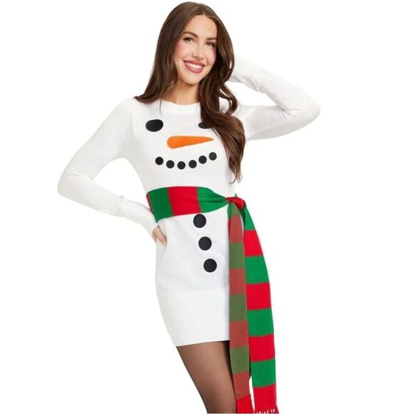 Tipsy Elves Festive Snowman Sweater Dress - White - Picture 1 of 8